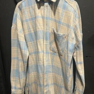 Boohoo Mens Light Blue and Cream Plaid Button-Up Shirt